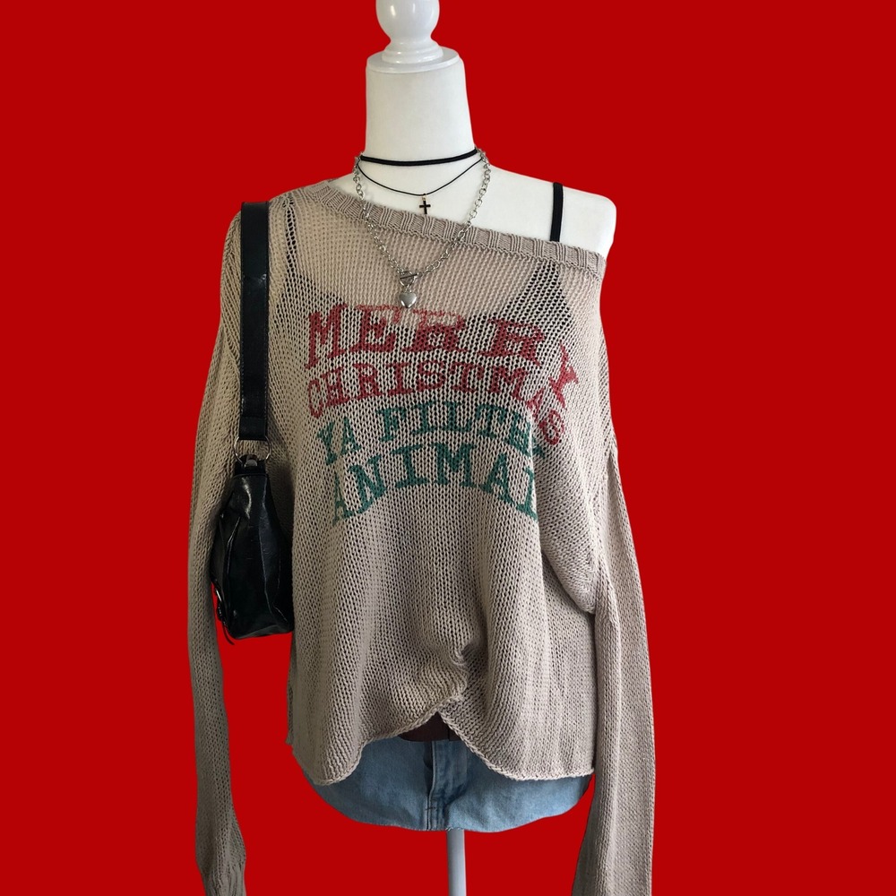 Wooden Ships Merry Christmas Ya Filthy Animal Open Knit Sweater XL Y2K Grunge